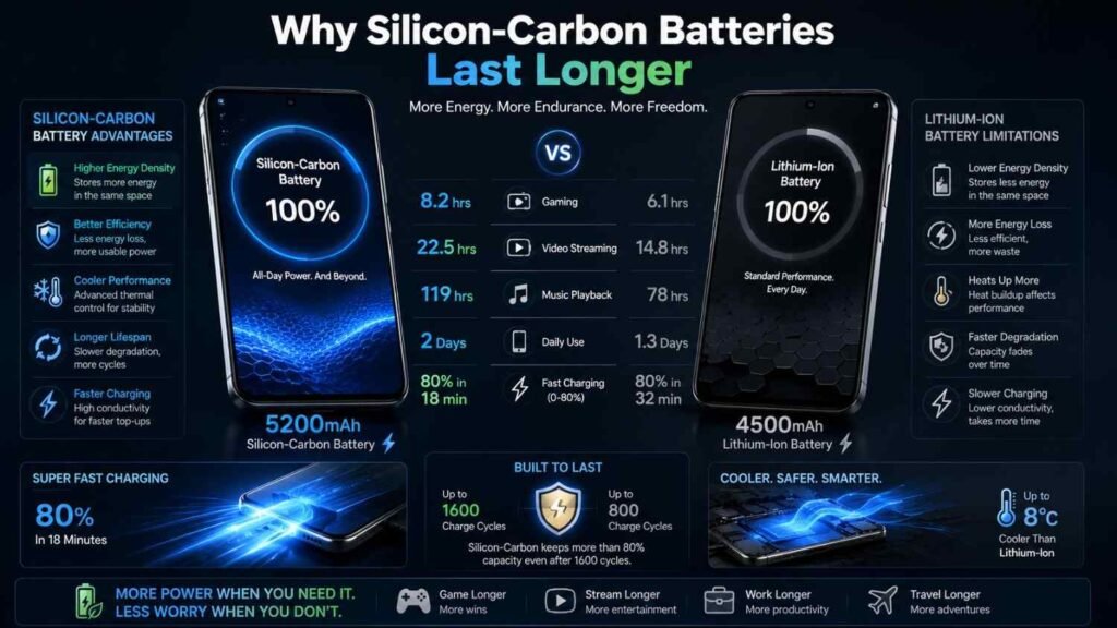 Premium smartphone comparison infographic showing two flagship phones side by side with silicon-carbon and lithium-ion battery endurance statistics. The image includes gaming icons, streaming indicators, charging speed graphics, and battery performance metrics in a futuristic dark tech aesthetic.