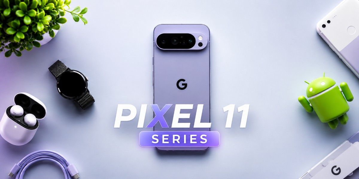 Google Pixel 11 Series smartphone in lavender color with Pixel Buds, smartwatch, Android mascot, and accessories displayed on a premium minimalist background.