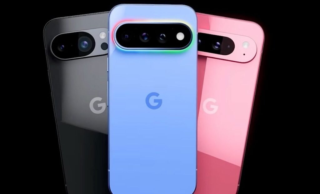 Google Pixel 11 Series smartphone in lavender color with Pixel Buds, smartwatch, Android mascot, and accessories displayed on a premium minimalist background.