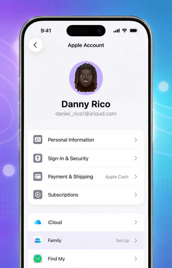 Apple Account settings on an iPhone showing the Family setup option, demonstrating how to enable Family Sharing for parental controls and child account management in iOS 26.