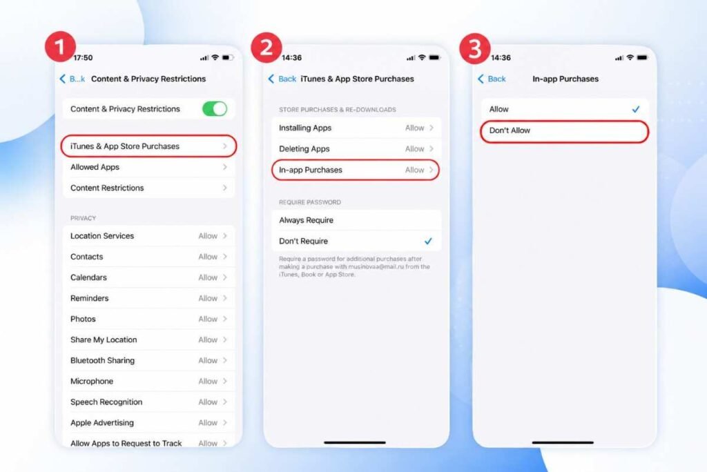 Three-step tutorial showing how to disable In-App Purchases on an iPhone using Screen Time and Content & Privacy Restrictions in iOS 26.