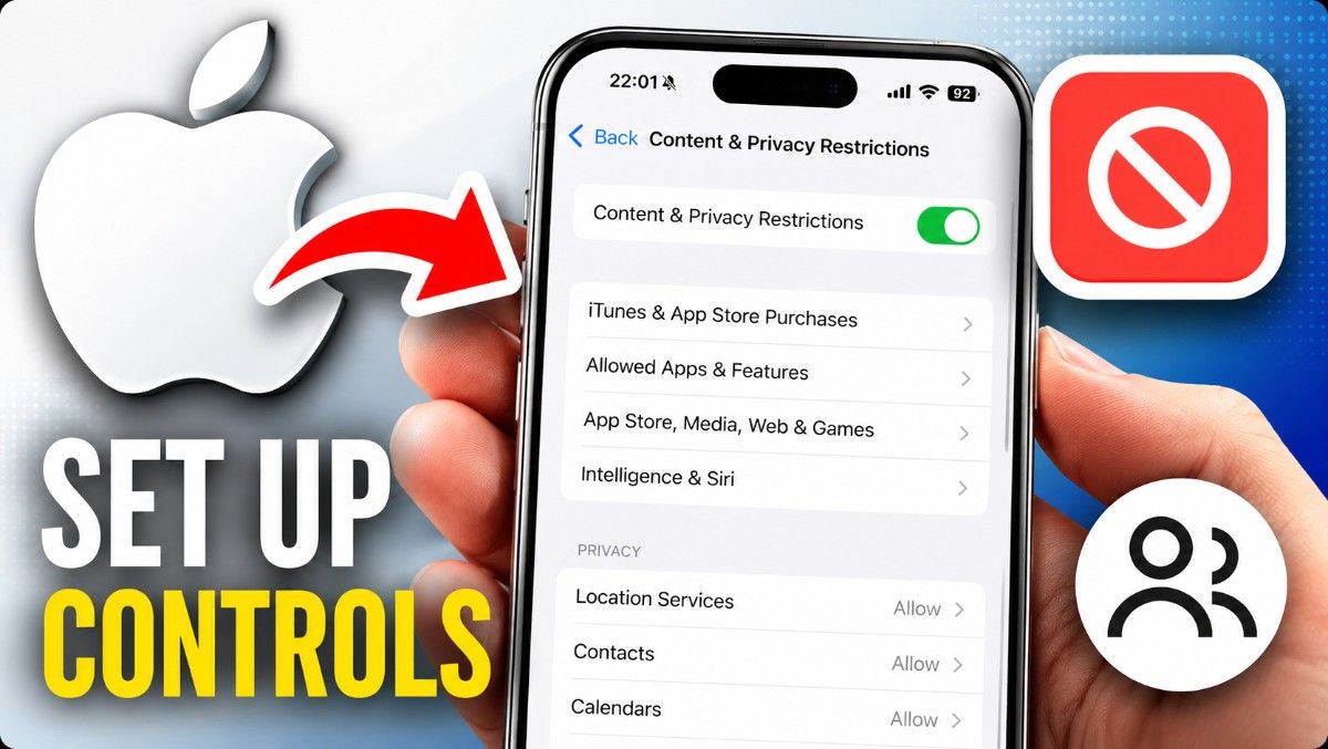 Premium illustration showing Apple iPhone Content & Privacy Restrictions settings with Screen Time parental controls enabled to help parents protect children on iOS 26.
