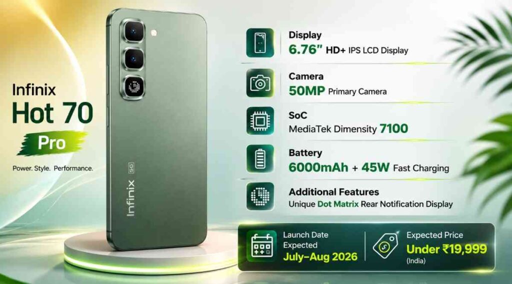 Infinix Hot 70 Pro featuring a 6.76-inch HD+ IPS LCD display, MediaTek Dimensity 7100 processor, 50MP camera, 6000mAh battery with 45W fast charging, and Dot Matrix rear notification display.