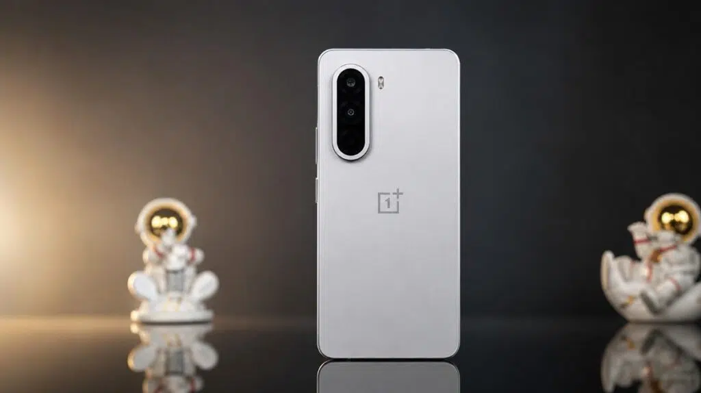OnePlus Turbo 6X rear design in white color showcasing the vertical triple-camera module and premium matte finish.