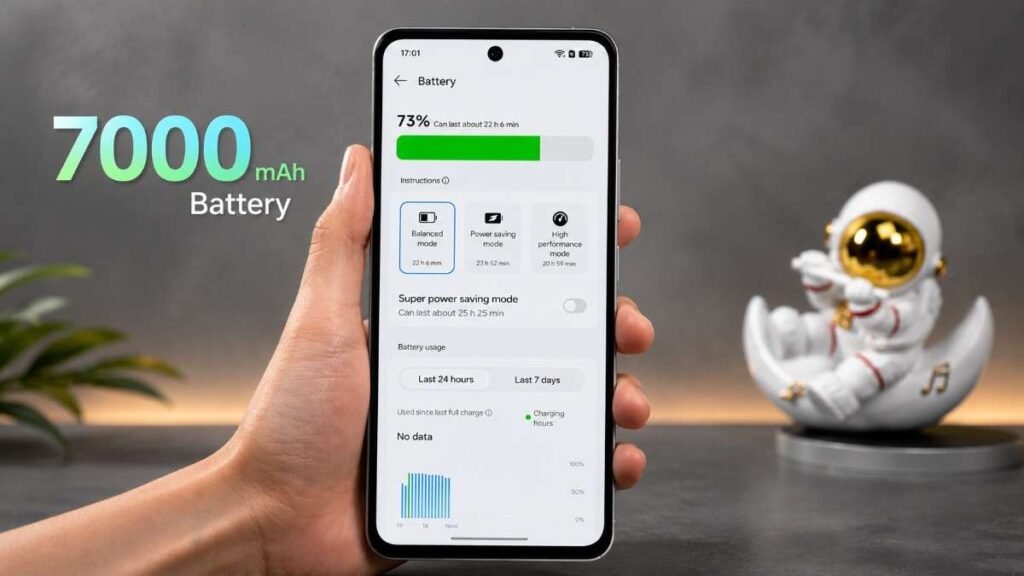 OnePlus Turbo 6X battery screen showing 7000mAh battery capacity and long-lasting battery performance.