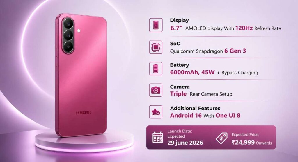 Samsung Galaxy M47 5G expected specifications featuring a 6.7-inch 120Hz AMOLED display, Snapdragon 6 Gen 3 processor, 6000mAh battery with 45W charging, triple rear camera, Android 16 with One UI 8, and expected June 2026 launch.