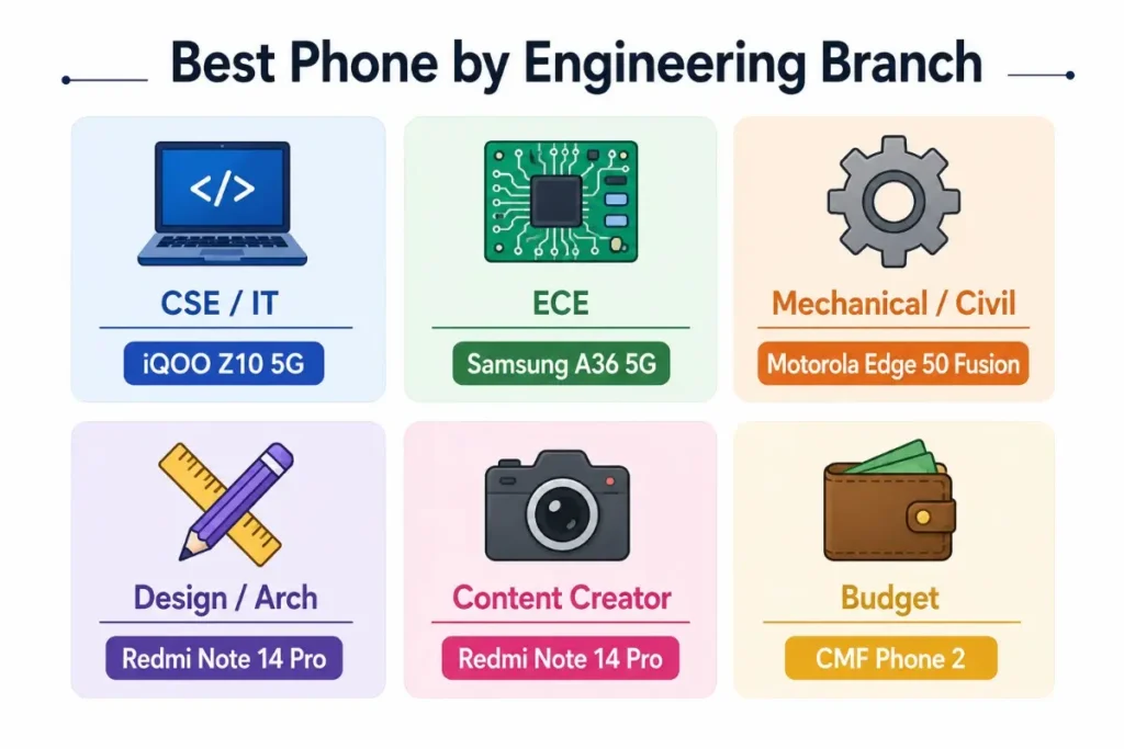 nfographic recommending the best smartphones for different engineering branches including CSE, Mechanical, Civil, ECE, Architecture and content creation.