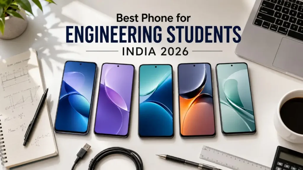 Premium hero banner showcasing the best smartphones for engineering students in India in 2026, featuring Android and iPhone devices for college productivity.