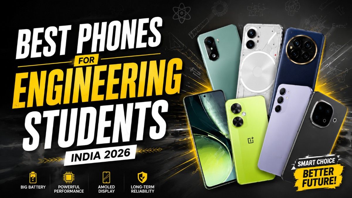 Premium comparison banner featuring the best smartphones for engineering students in India 2026, including iPhone, Samsung, OnePlus, Nothing, iQOO, Redmi, and Motorola.
