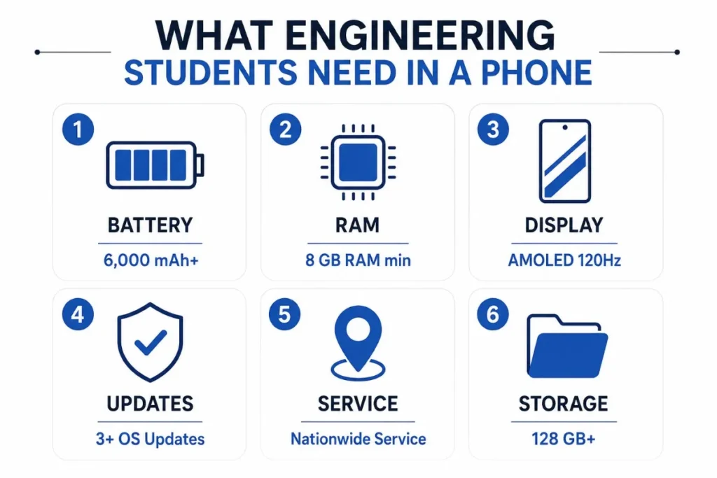 Infographic showing six essential smartphone buying factors for engineering students including battery, RAM, AMOLED display, software updates, storage and nationwide service support.