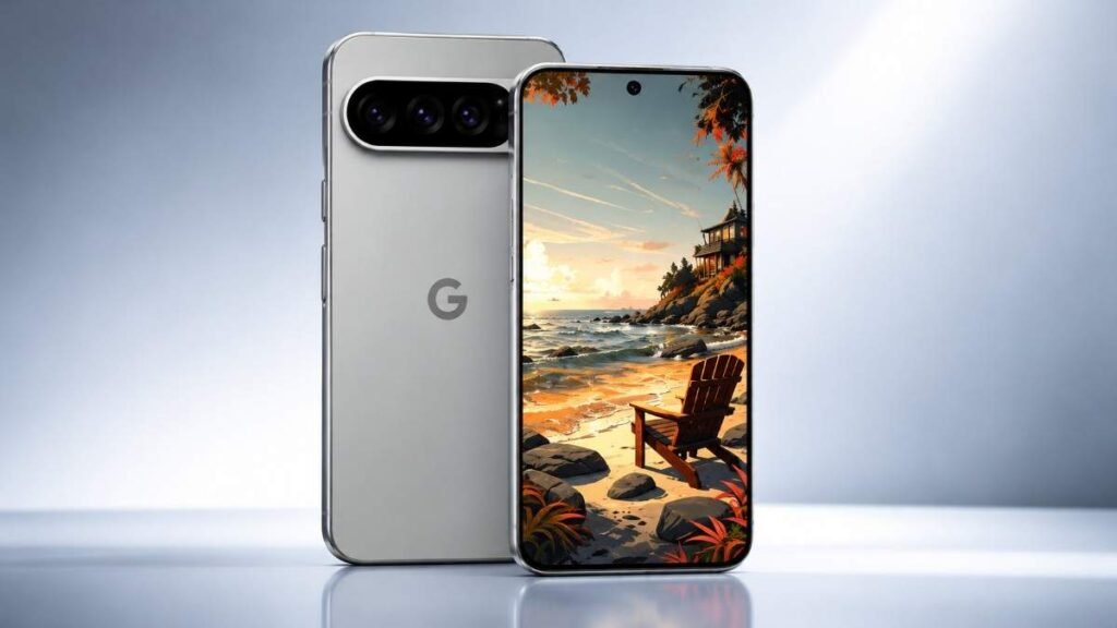 Google Pixel 11 premium render showing front and rear design with slim bezels, triple camera system, and modern flagship aesthetics.