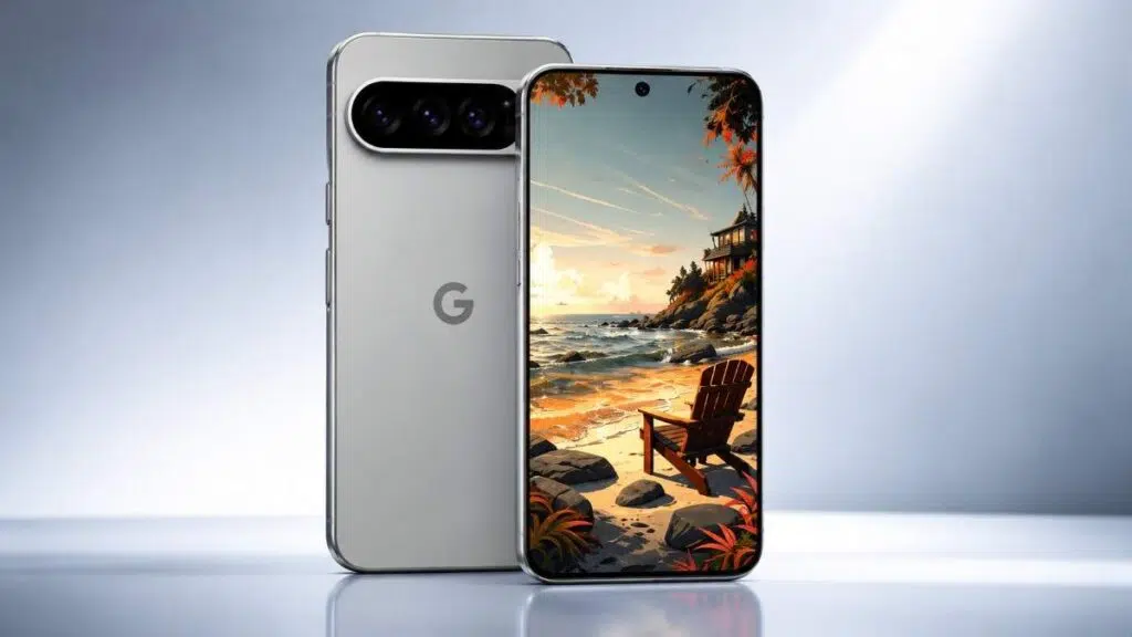 Google Pixel 11 premium render showing front and rear design with slim bezels, triple camera system, and modern flagship aesthetics.