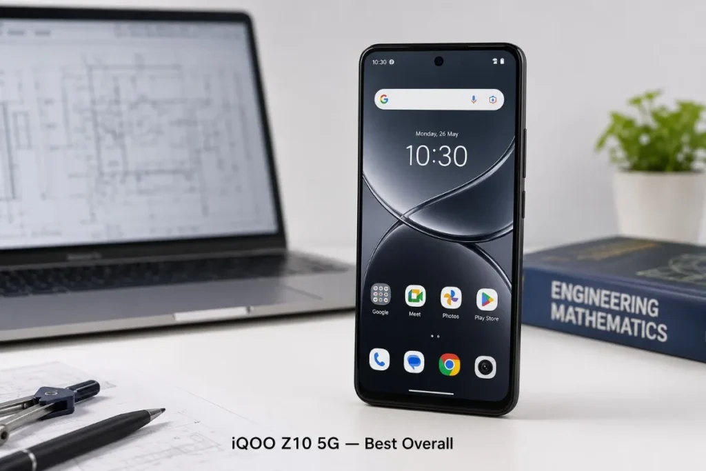 Studio product image of the iQOO Z10 5G recommended as the best overall smartphone for engineering students because of its battery life and performance.