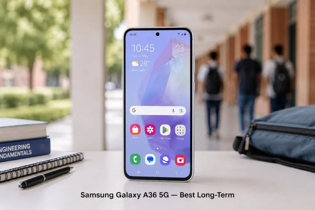 Studio product photo of Samsung Galaxy A36 5G recommended for engineering students seeking reliable software updates and long-term value.