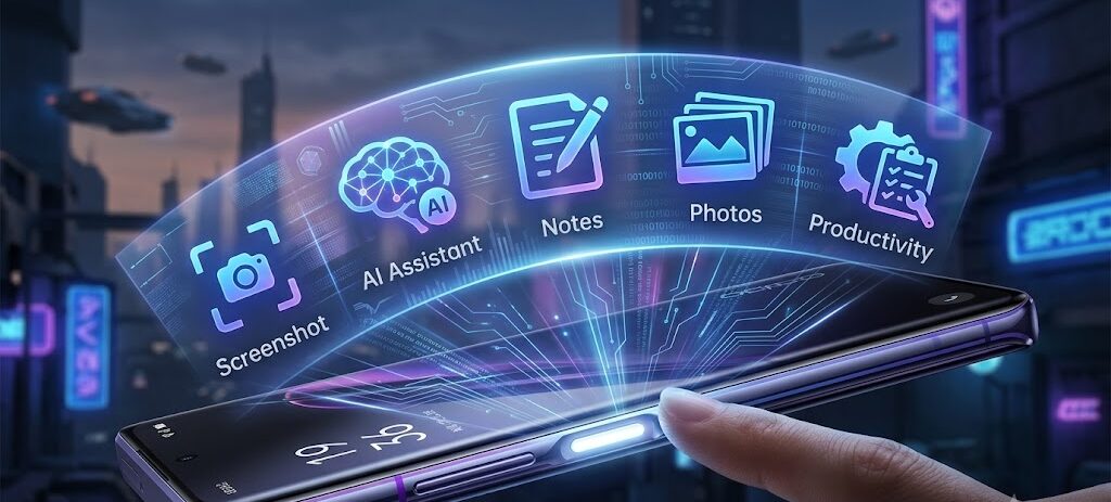 Illustration of the AI Snap Key button on the OPPO Reno 16 series with AI productivity and screenshot icons.