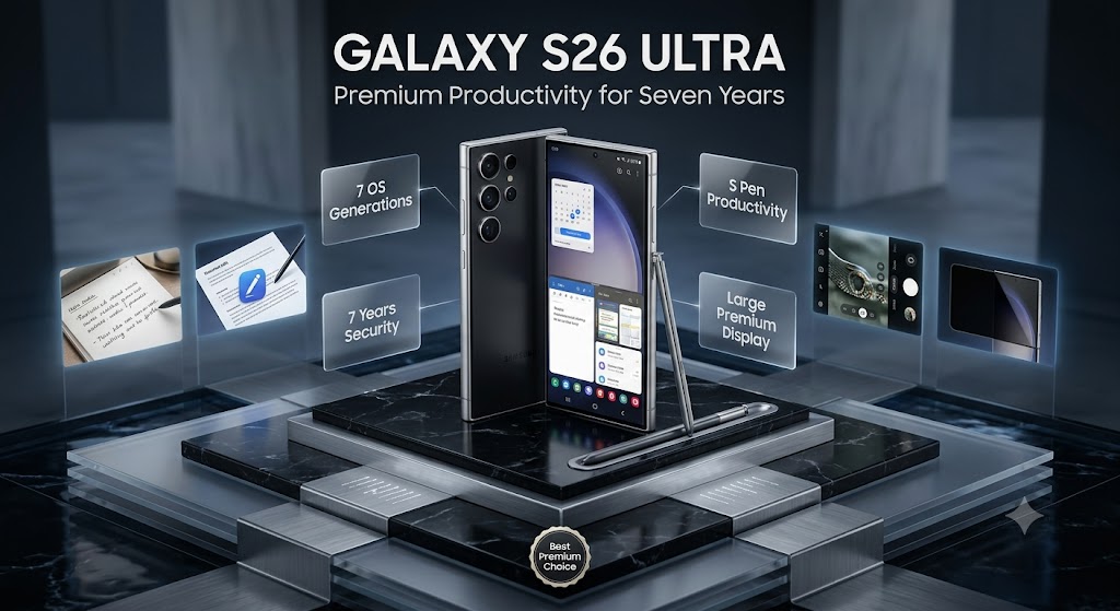Samsung Galaxy S26 Ultra premium smartphone with S Pen and seven years of software updates