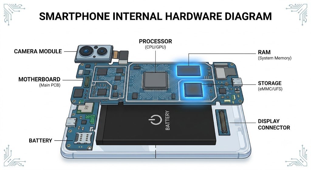 Smartphone internal components showing RAM and storage chips