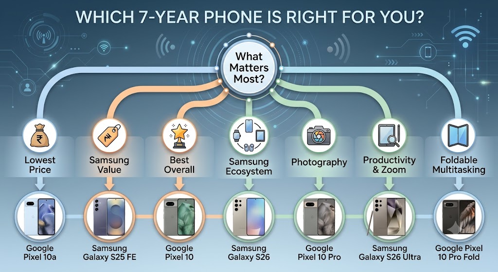 Decision guide for choosing the best seven-year update phone based on budget, camera and productivity