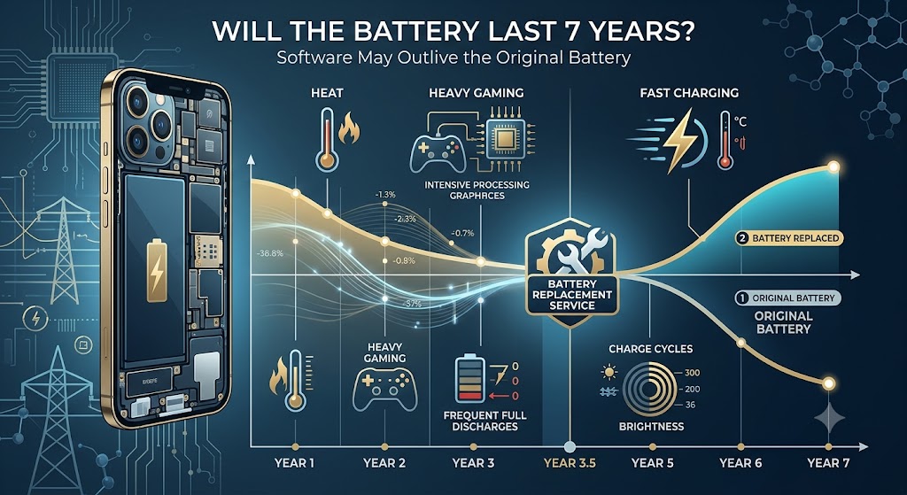 Smartphone battery health over seven years with heat, charging cycles and battery replacement factors