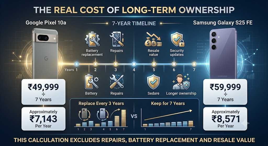 Annual ownership cost comparison of Pixel 10a and Galaxy S25 FE over seven years