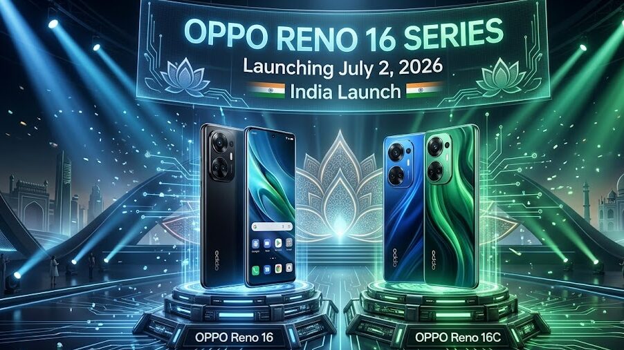 OPPO Reno 16 series launch poster showing two smartphones and July 2, 2026 India launch date.