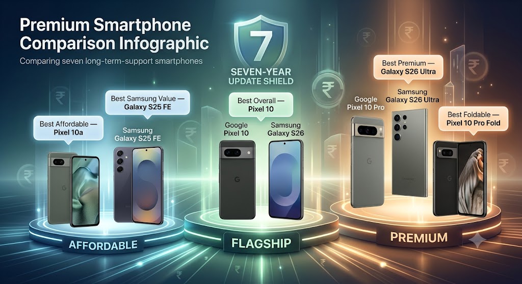 Comparison of the best seven-year update phones in India across affordable, flagship and premium categories