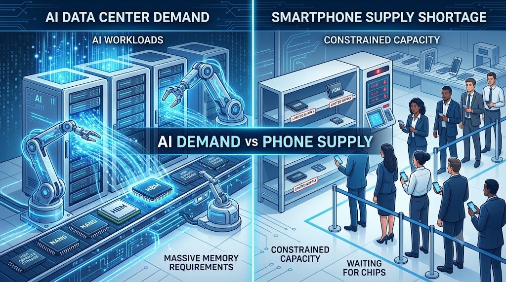 AI Data Centers and Smartphone Memory Shortage AI data centers increasing demand for memory chips used in smartphones
