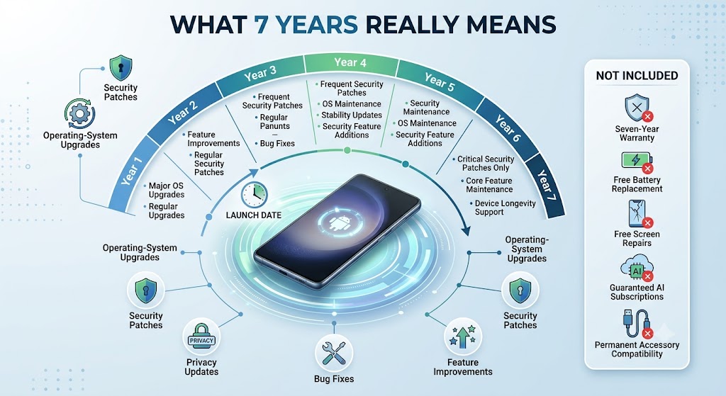 Infographic explaining seven years of Android updates, security patches and privacy protection