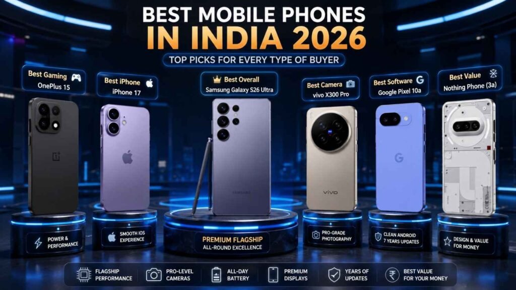 Best mobile phones in India 2026 featuring premium Android, iPhone, gaming, camera, clean-software and long-term value smartphones.