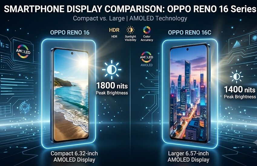 Display size and brightness comparison between the 6.32-inch OPPO Reno 16 and the 6.57-inch OPPO Reno 16C.