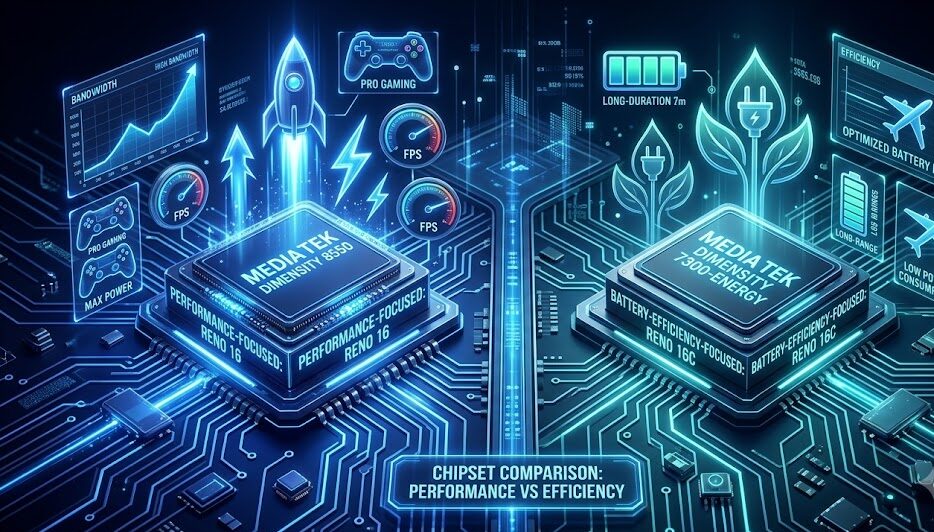 MediaTek Dimensity 8550 and Dimensity 7300-Energy chipset comparison for OPPO Reno 16 series.