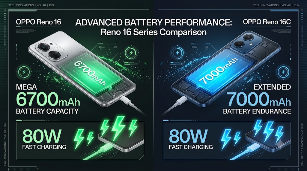 Battery comparison showing a 6700mAh battery in OPPO Reno 16 and a 7000mAh battery in Reno 16C with 80W fast charging.