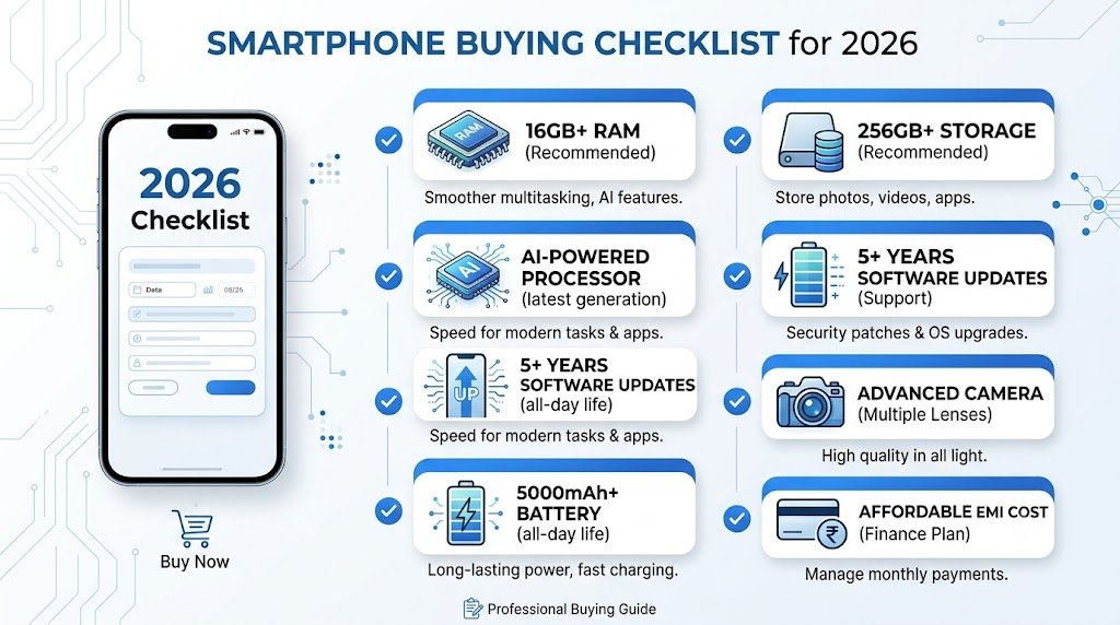 Smartphone buying checklist for RAM storage battery updates and EMI cost