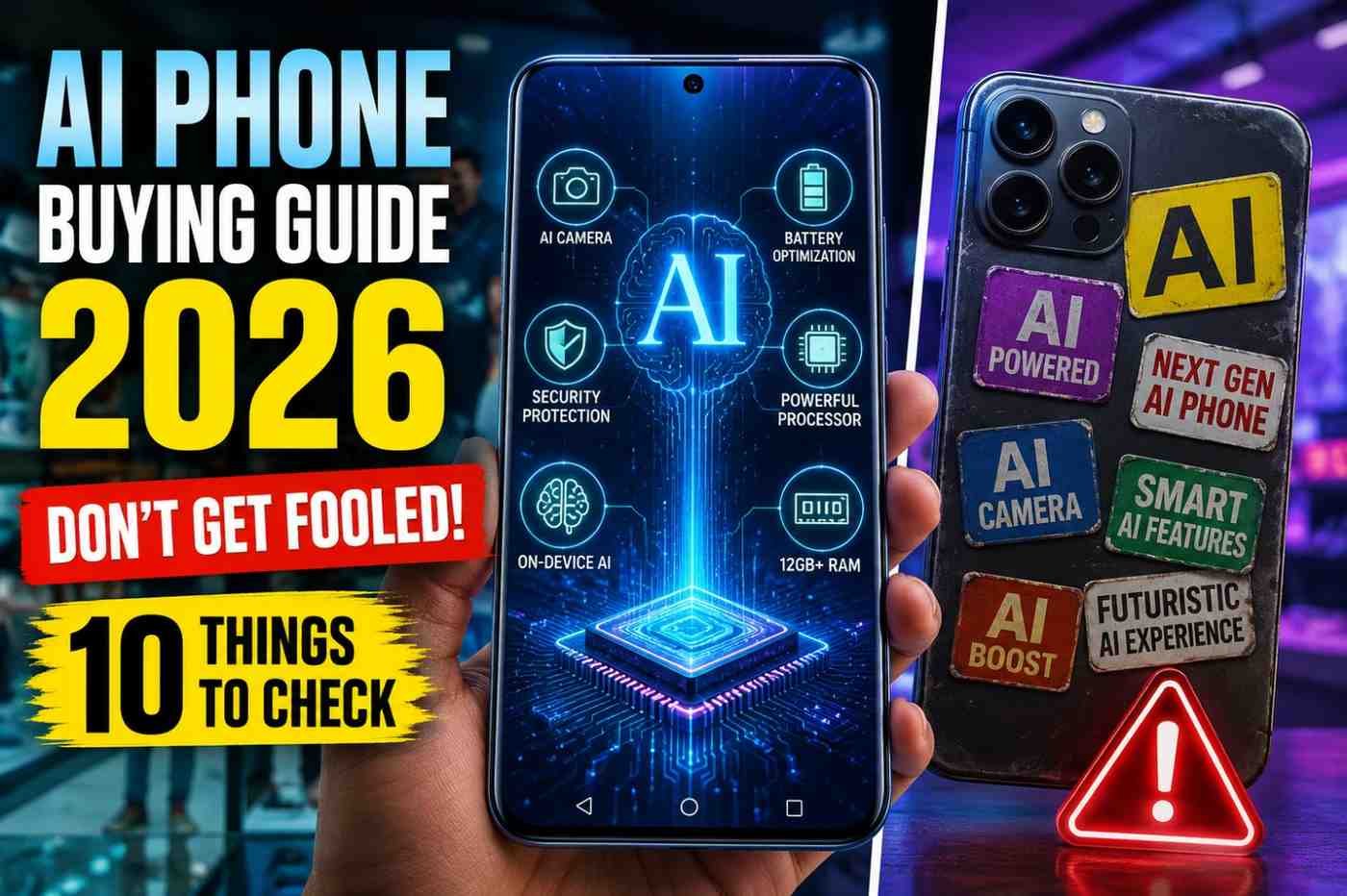 AI Smartphone Buying Guide 2026 thumbnail showing a futuristic AI phone with glowing processor, camera, battery, security, RAM icons, compared against a fake AI marketing smartphone to help buyers identify real AI features.