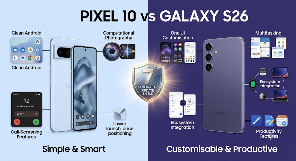 Google Pixel 10 versus Samsung Galaxy S26 comparison for software, cameras and long-term updates