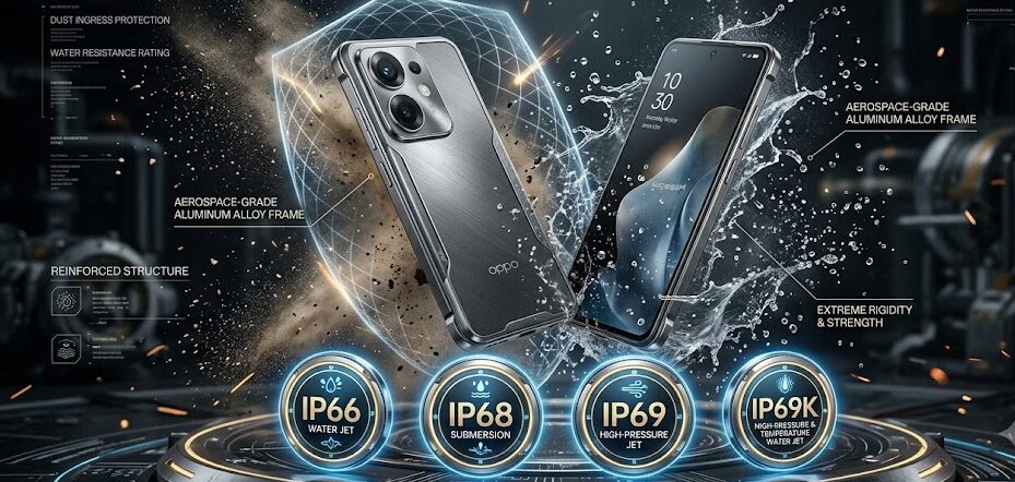 OPPO Reno 16 series durability illustration with IP66, IP68, IP69, and IP69K water and dust resistance ratings.