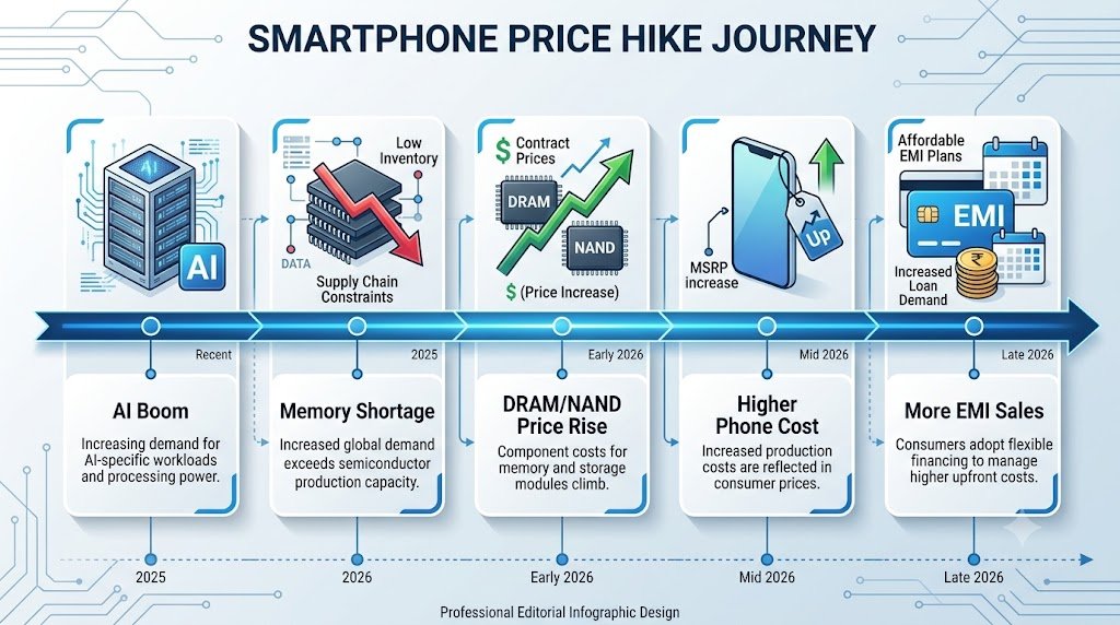 Timeline showing how AI demand causes smartphone price hikes in 2026