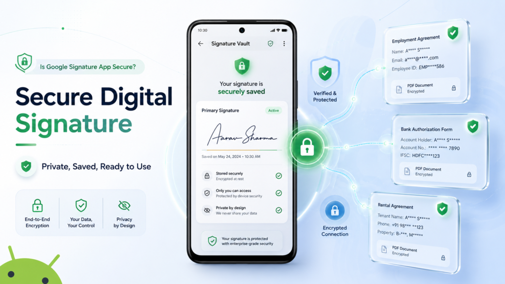 Google Signature app security concept showing saved digital signature protected on Android