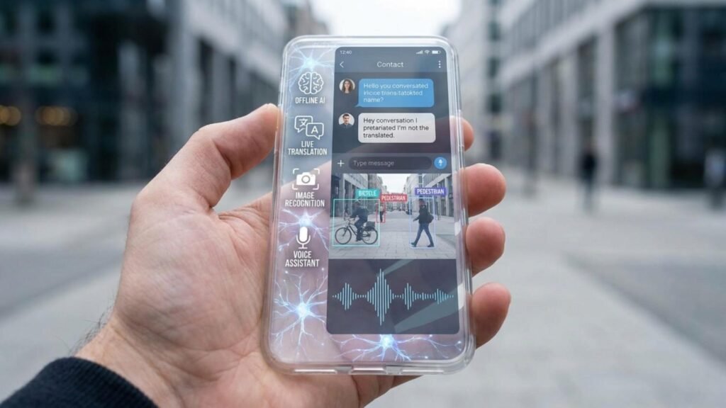 AI smartphone performing offline translation, voice recognition, and image analysis without cloud connectivity.