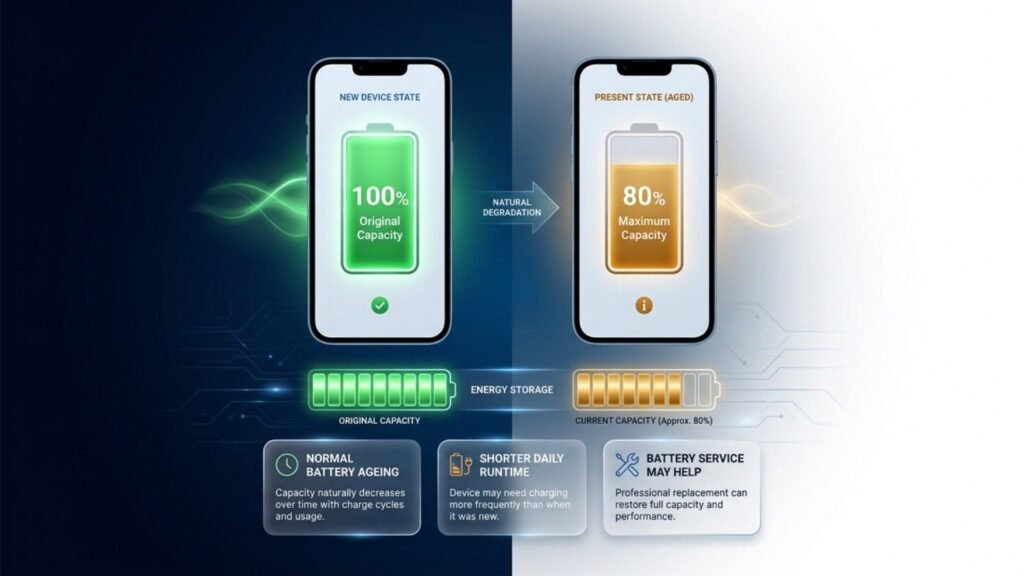 Phone battery health comparison showing the difference between 100% original capacity and 80% maximum capacity.