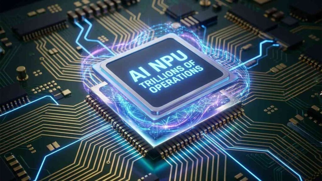 Close-up of a smartphone AI processor with glowing neural circuits representing powerful NPU performance for on-device AI.
