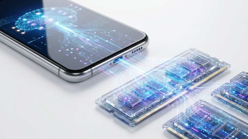 Smartphone with holographic RAM modules demonstrating memory requirements for running AI features smoothly.