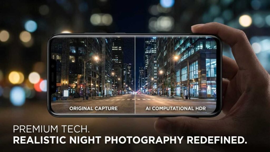 Smartphone capturing a nighttime city scene enhanced with AI computational photography, HDR processing, and intelligent image optimization.