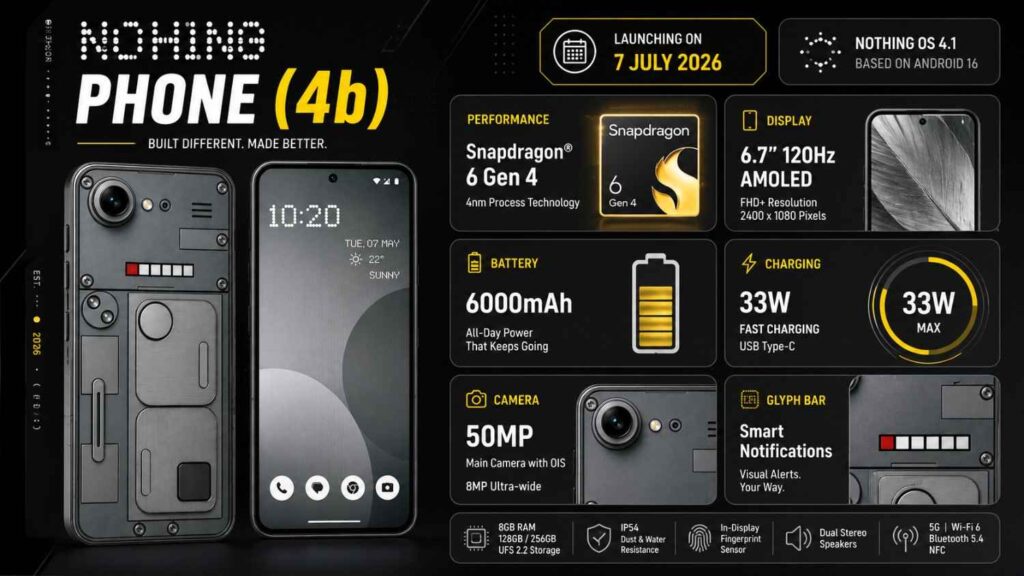 Nothing Phone (4b) specifications infographic showing Snapdragon 6 Gen 4 processor, AMOLED display, battery and camera details