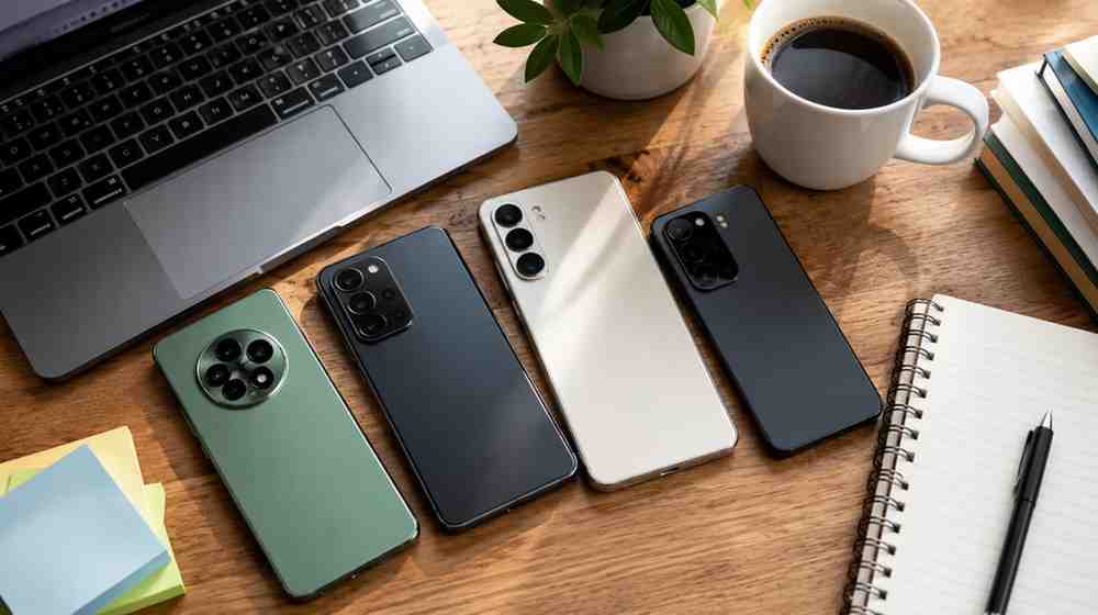 Flat-lay of smartphones with laptop, notebook and coffee on a study desk representing the best mobile phones for BTech students in India (2026).