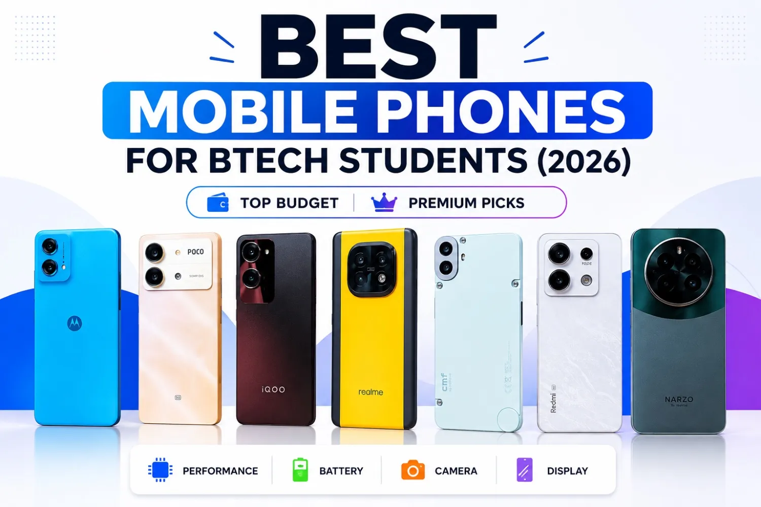 Premium thumbnail featuring the best mobile phones for BTech students in 2026, comparing top budget and flagship smartphones for coding, gaming, AI, battery life, and everyday college use.