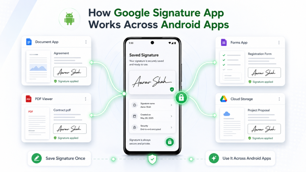 Google Signature app workflow showing saved digital signature across Android apps