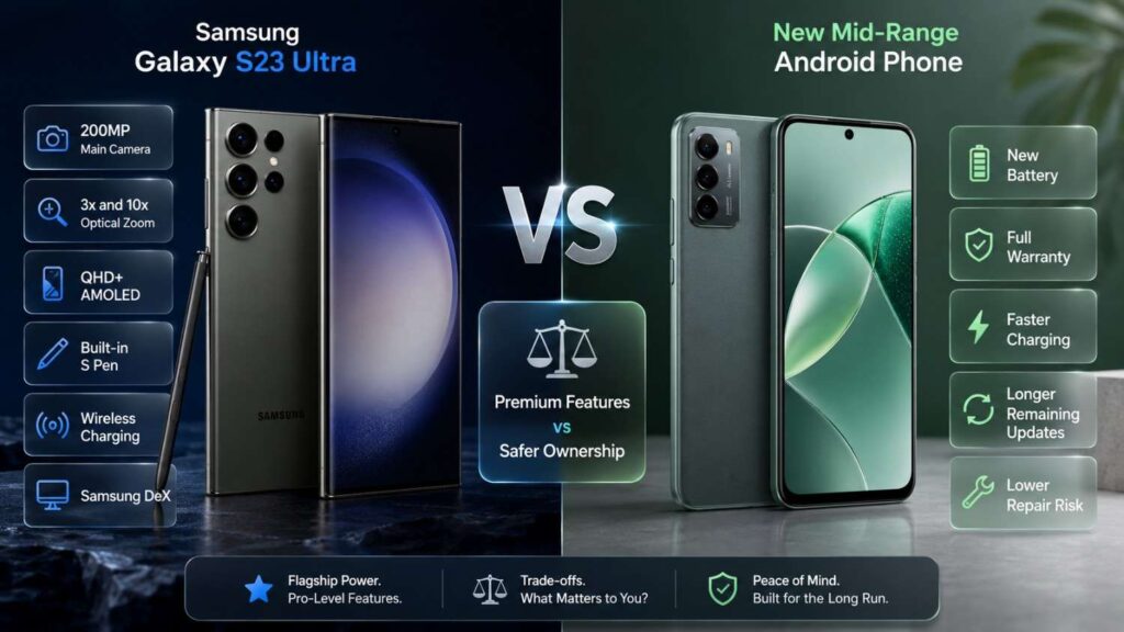 Samsung Galaxy S23 Ultra at half price compared with a new mid-range smartphone