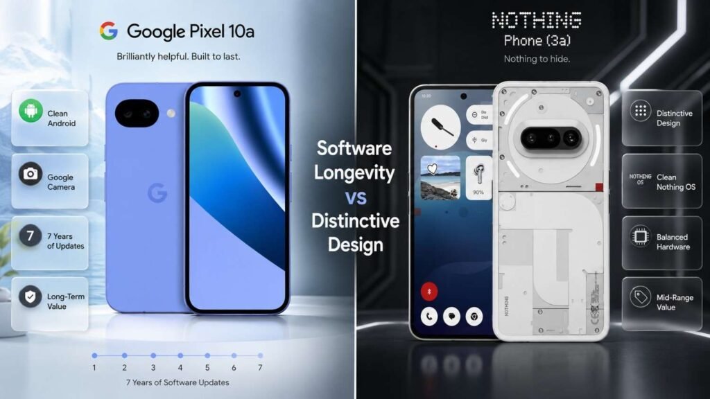 Google Pixel 10a vs Nothing Phone 3a comparison for software updates, camera quality, clean Android and mid-range value.