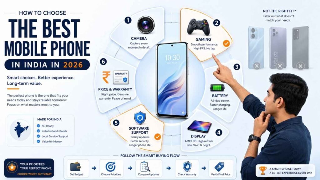 Smartphone buying guide explaining how to compare camera, gaming, battery, display, software updates, price and warranty.